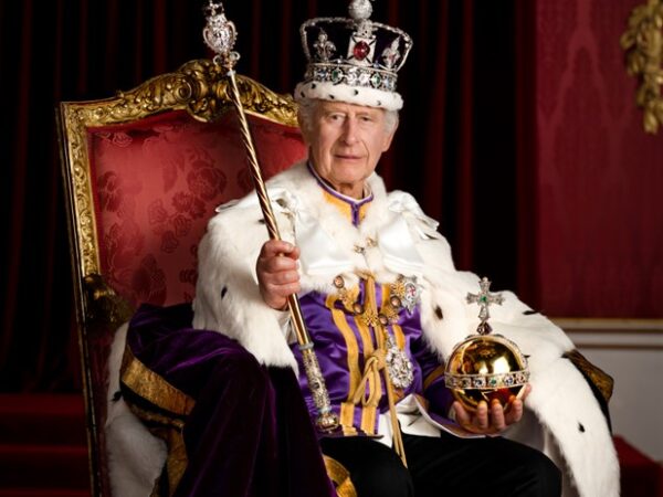 King Charles III Your Majesty is pictured in full regalia in the Throne Room at Buckingham Palace