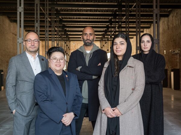 Saudi Arabia Pavillion. Curatorial team. From left to right Cyril Zammit, Joharah Lou Pabalate, AlBara Saimaldhar, Noura Bouzo, Basma Bouzo, 2023, ©Alvise Busetto, Courtesy of Ministry of Culture